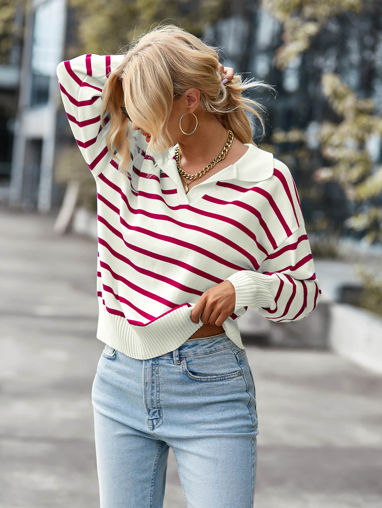 Striped Ribbed Trim Collared Knit Sweater - White Stag Clothing