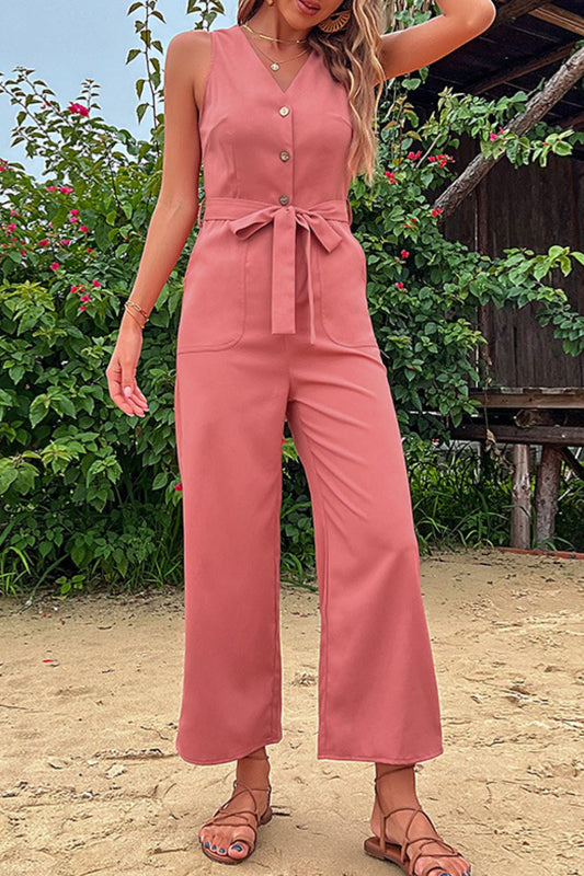 V-Neck Belted Sleeveless Jumpsuit with Pockets - White Stag Clothing
