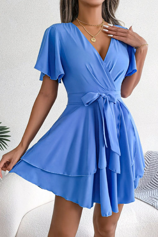Tie Waist Flutter Sleeve Ruffled Dress - White Stag Clothing