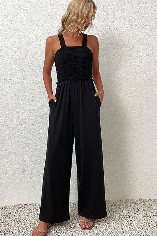 Smocked Sleeveless Wide Leg Jumpsuit with Pockets - White Stag Clothing