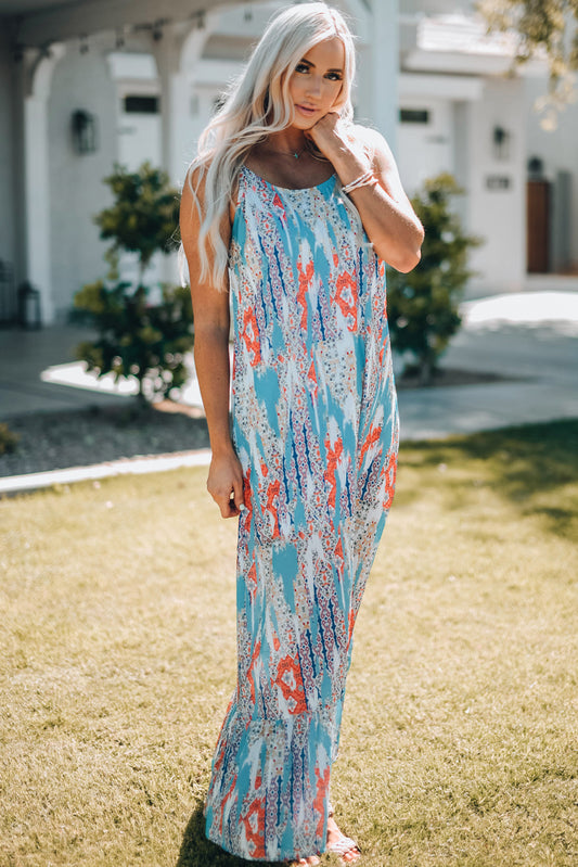 Printed Spaghetti Strap Ruffle Hem Maxi Dress - White Stag Clothing