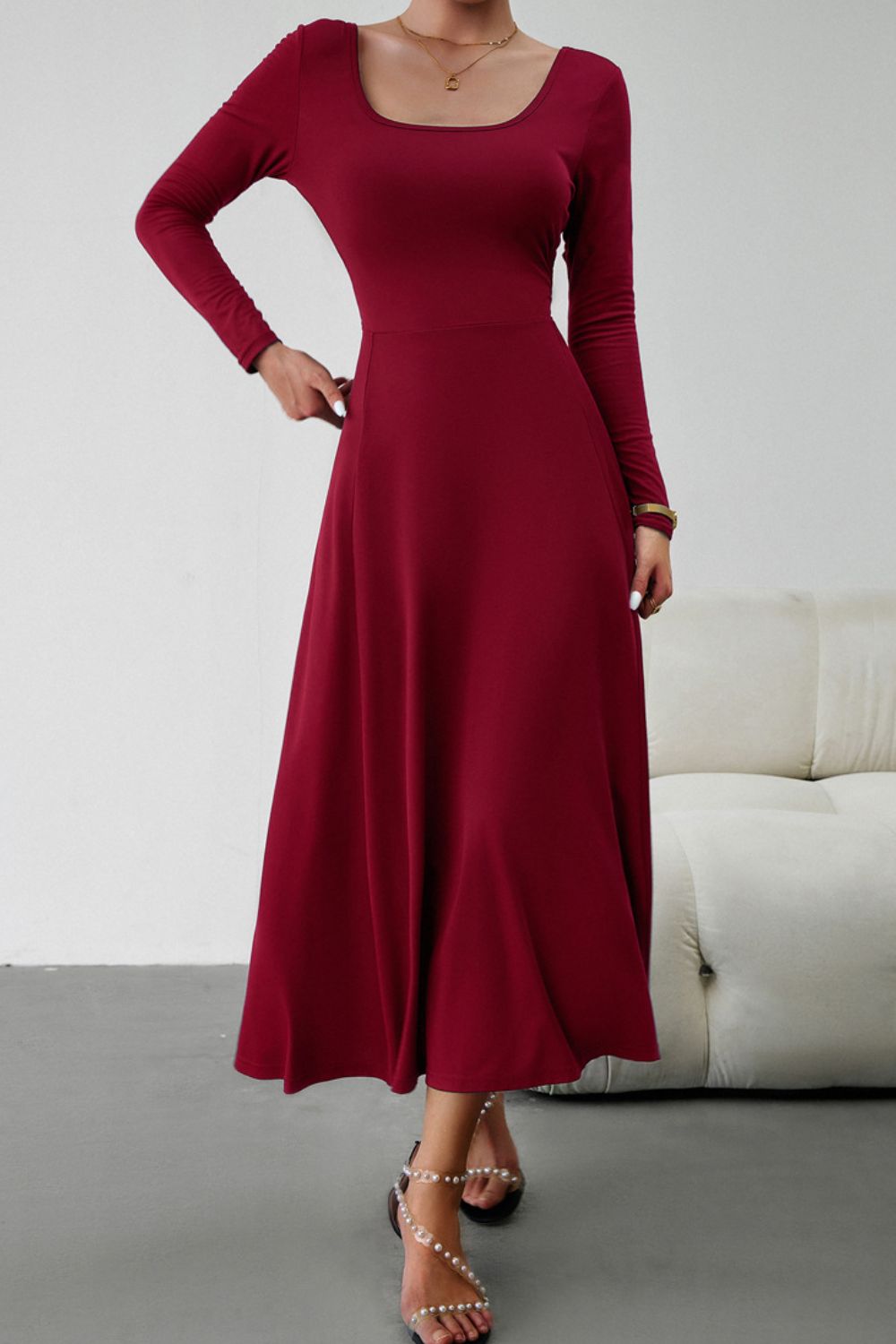 Scoop Neck Long Sleeve Lace-Up Maxi Dress