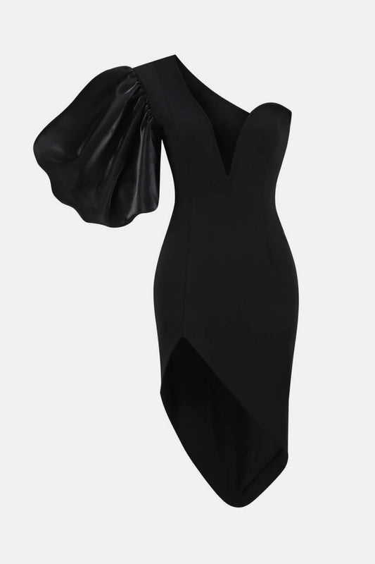 Puff Sleeve Deep V Asymmetrical Hem Dress - White Stag Clothing