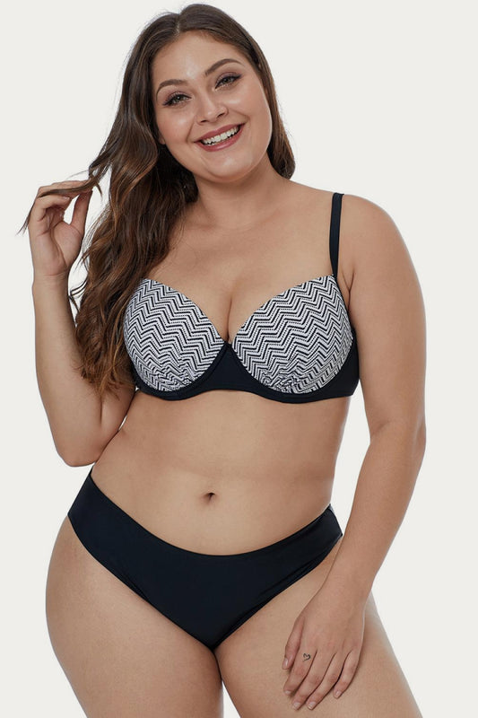 Waves Print Plus Size Bikini Set - White Stag Clothing