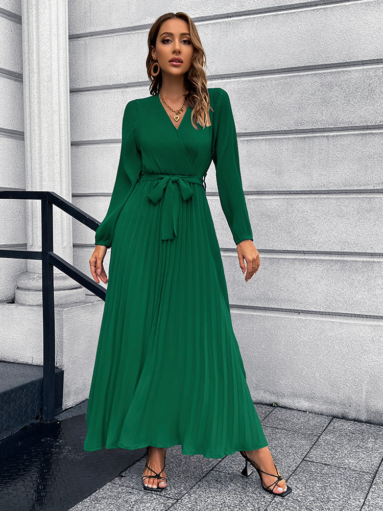 V-Neck Tie Waist Pleated Maxi Dress