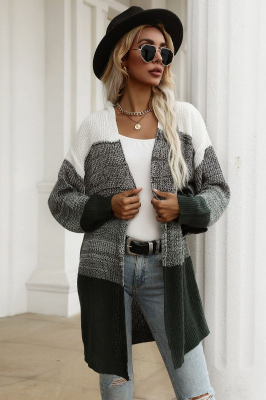Color Block Chunky Knit Sweater Cardigan - White Stag Clothing
