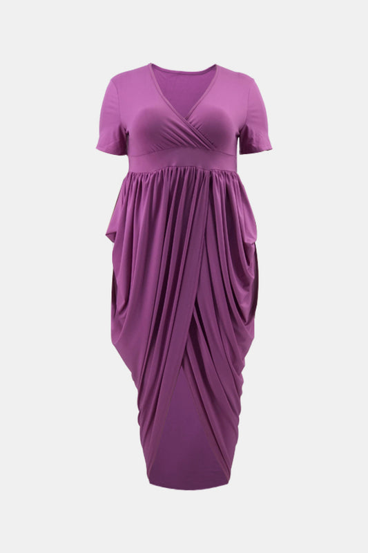 Plus Size Pleated Detail Surplice Midi Dress - White Stag Clothing