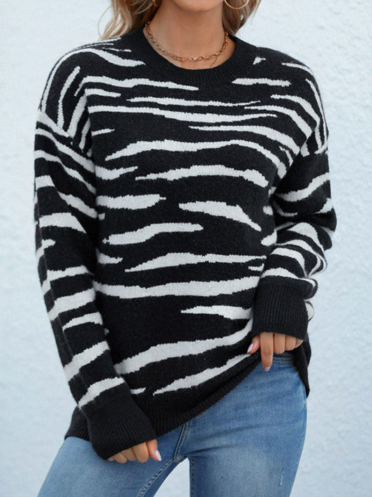 Zebra Print Round Neck Dropped Shoulder Sweater - White Stag Clothing
