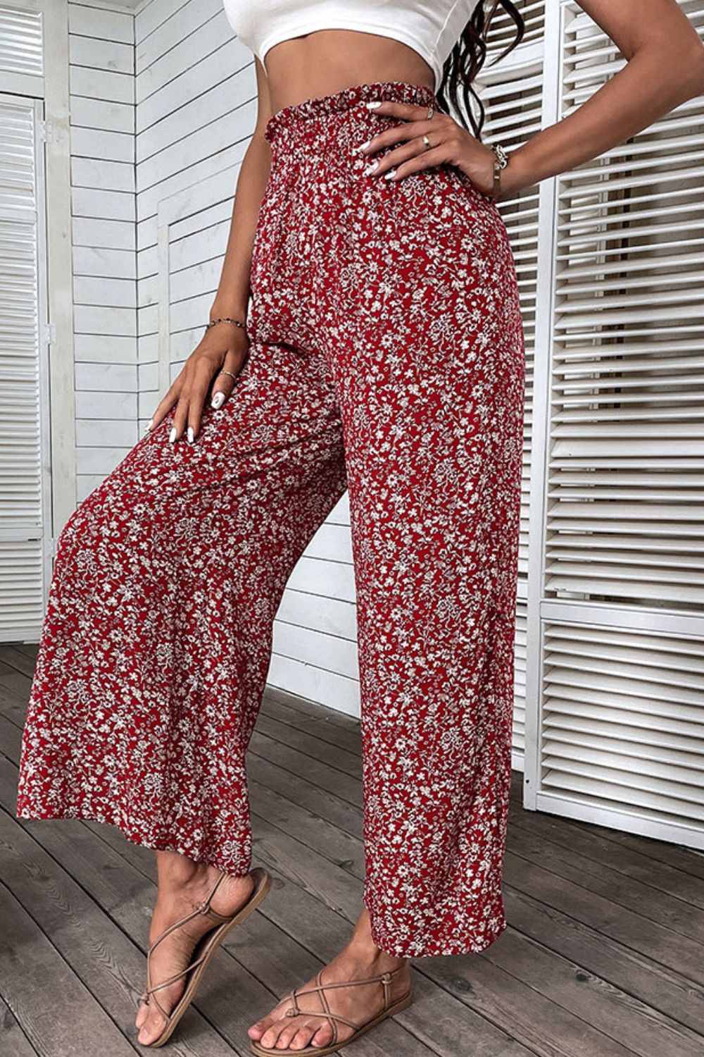 Ditsy Floral Slit Paperbag Waist Wide Leg Pants