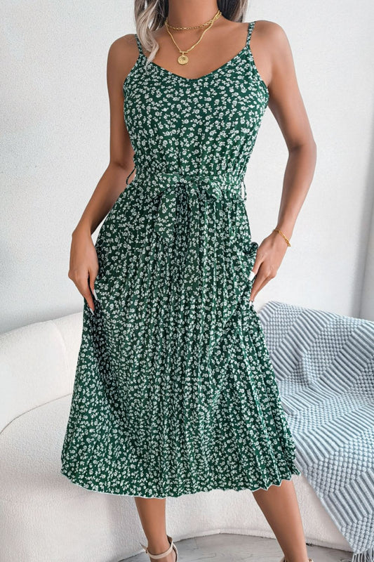 Ditsy Floral Belted Spaghetti Strap Pleated Dress - White Stag Clothing