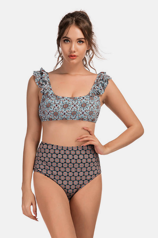 Printed Square Neck Ruffled Bikini Set - White Stag Clothing