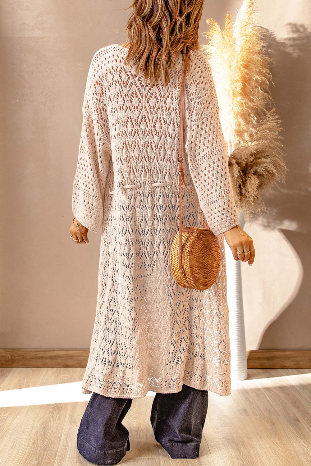 Dropped Shoulder Long Sleeve Crochet Duster Cardigan - White Stag Clothing